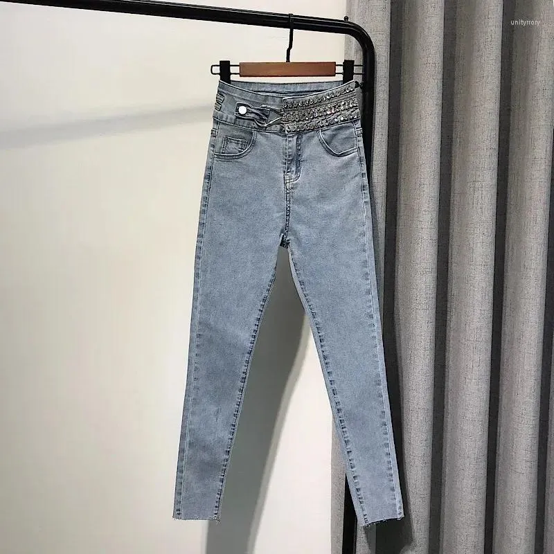 Jeans femininos conjunto de contas de unhas trado luz azul cintura alta feminino apertado pés pequenos calças lápis