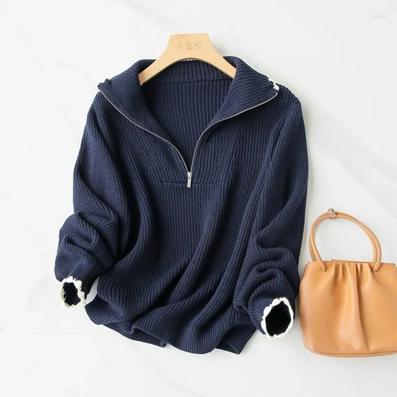 Women's Sweaters Autumn Navy Blue Half Turtleneck Zipper Knitted Sweater For Women