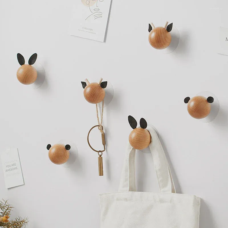 Hooks Ins Punch-Free Wooden Hook Children'S Room Decoration Home Accessories Cartoon Animal Head Wall Storage Organizer