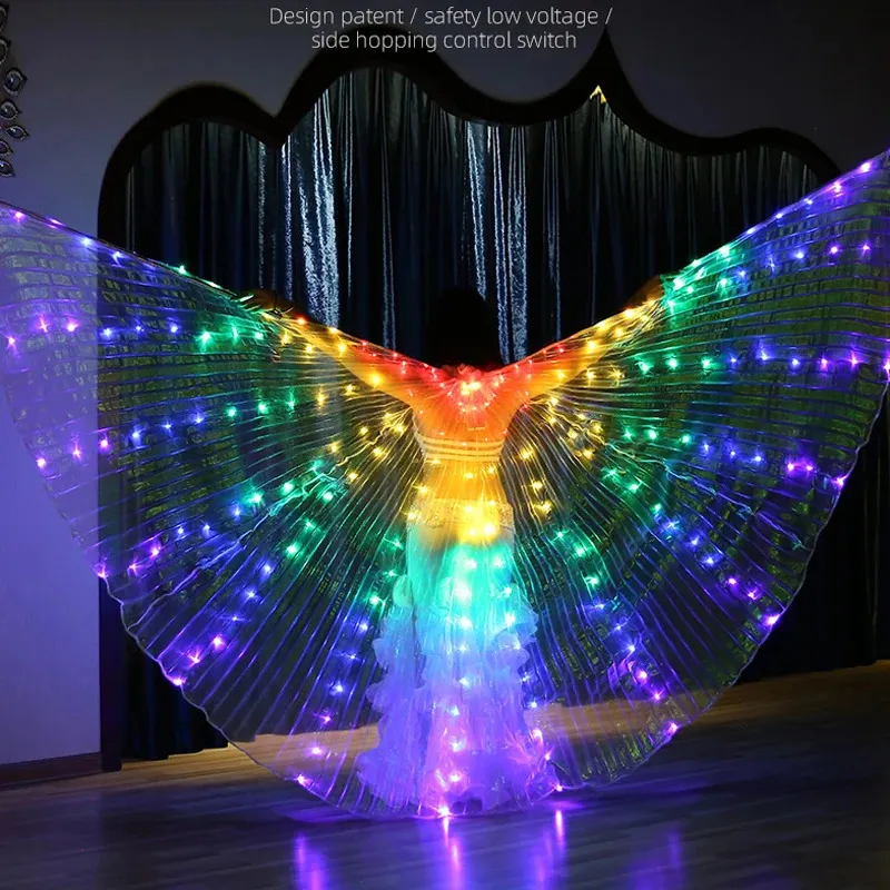 LED Luminous Belly Dance Wings Cloak 공연 무대 용품을 빛나는 나비 요정 날개와 스틱 소품 240326