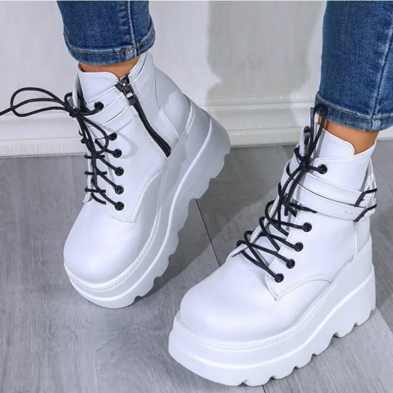 Boots Comemore Fashion Platform Boots Leather Wedges Ankel Boot Female Punk Style High Heels Shoes For Woman Women 2023 Autumn Winter