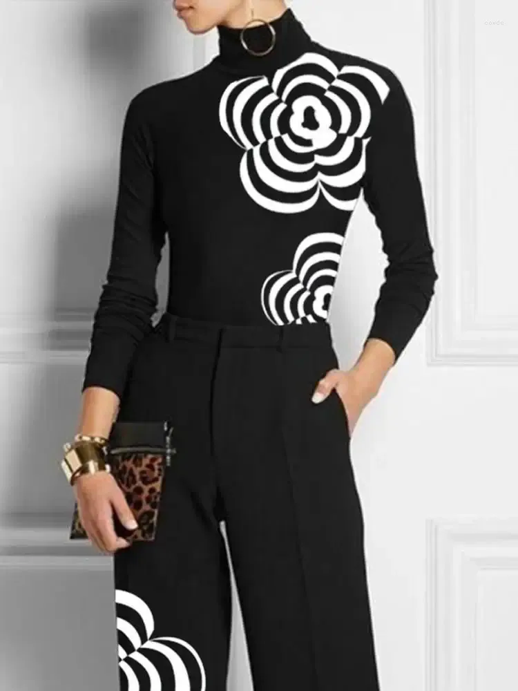 القمصان النسائية Yeezzi Fashion Flower Print High Deck Zipper Thirts Thirts 2024 Spring Autumn Sleeves Long Long Casual Basic Black Tops