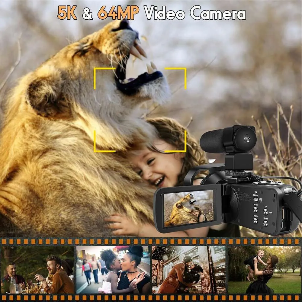 Caméra vidéo 5K haute résolution avec caméscope 64 MP, vision nocturne infrarouge, zoom 18X, WiFi, écran tactile, carte SD 32 Go, microphone – Parfait pour les vloggings YouTube