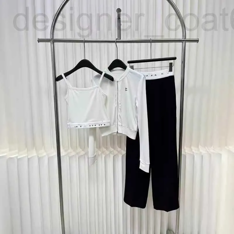 Calças femininas de duas peças designer primavera e verão nova Nanyou Miu doce sal contraste duplo zíper casaco com alças penduradas, calças, casual três conjunto VEM4