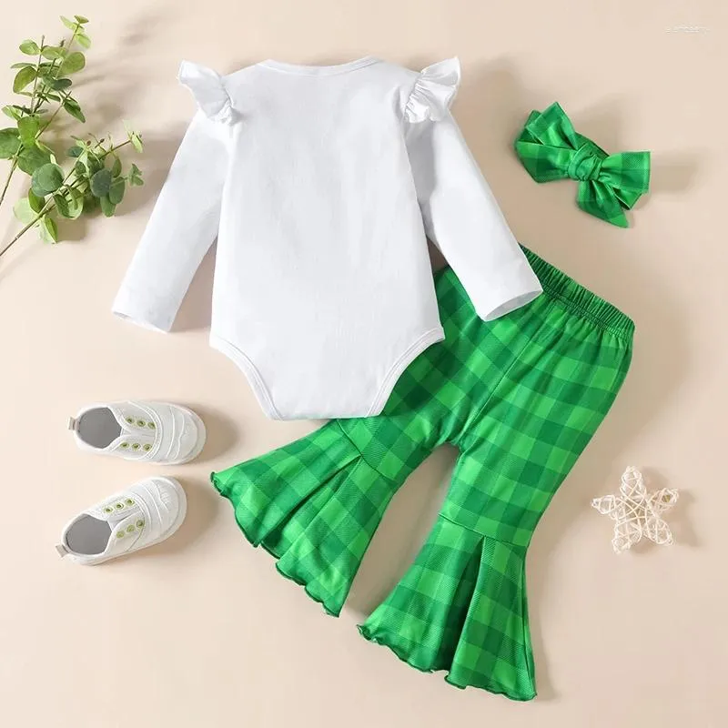 Conjuntos de roupas Baby Girl Outfit Manga Longa Letras Shamrock Imprimir Romper com Calças Flare Xadrez e Headband Roupas de Férias Conjunto