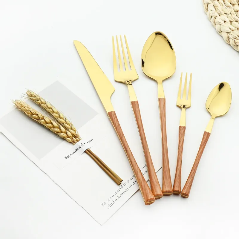 Dinnerware Sets Mirror 6set Gold Stainless Steel Set Wooden Texture Tableware Western Knife Fork Teaspoon Flatware Cake