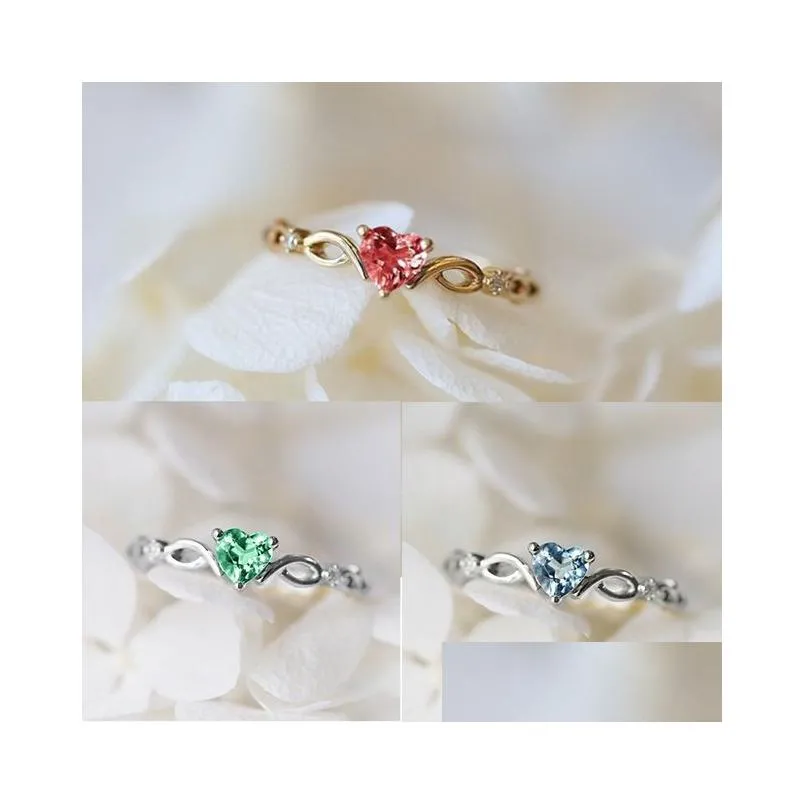 Bröllopsringar Vintage Heart Ring Sier Gold Plated Quality Dainty Light Engagement for Women Blue Pink Green Red Rose Zircon Storlek 7 8 9 Otvyz