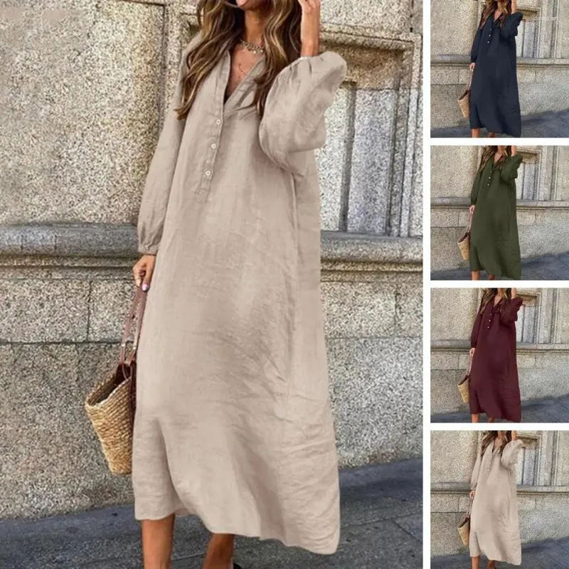 Casual Dresses Women Cotton Linen Dress Elegant V-neck Summer With Button Decoration Breathable Long Sleeve Loose For Any