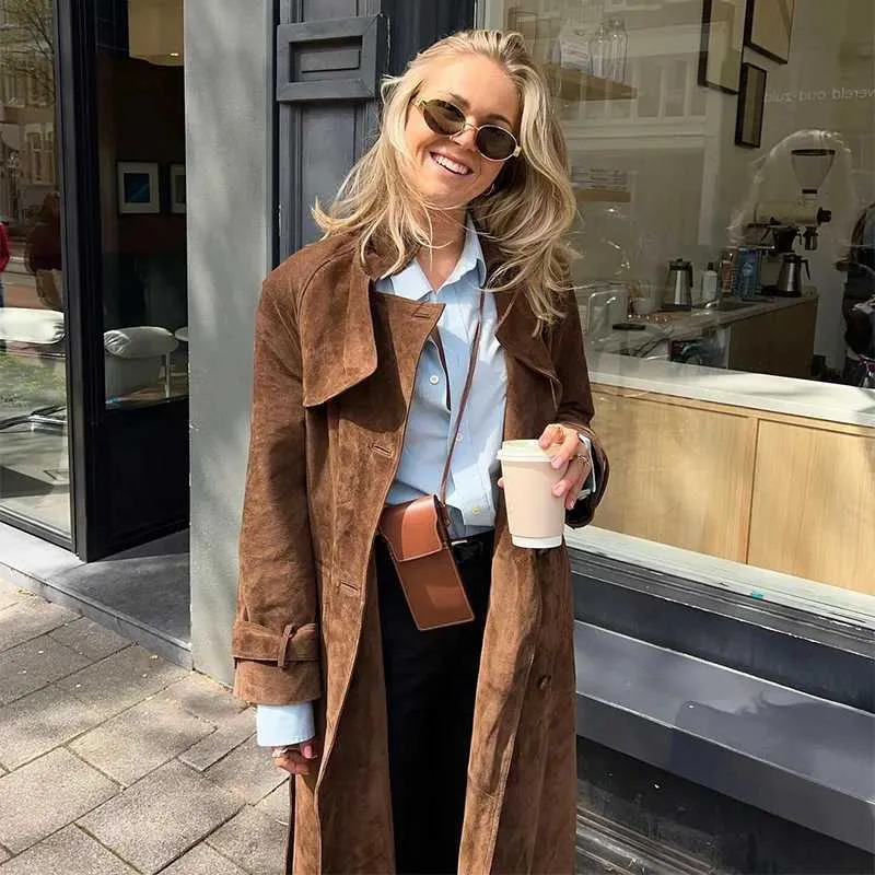 Long Suede Mermaid Trench Coat with Belt