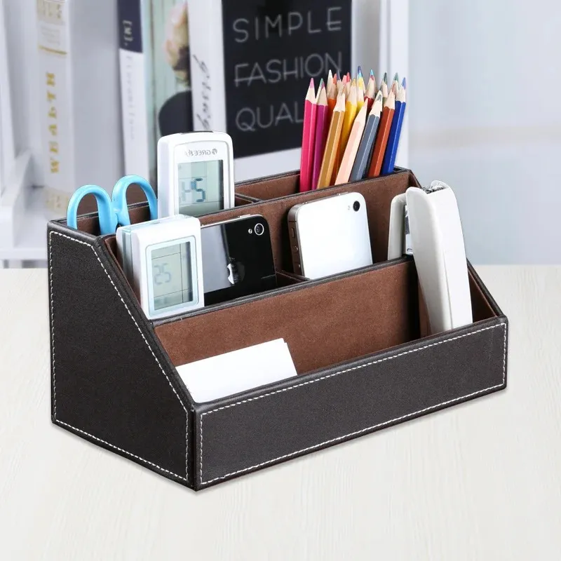 Home Office Wooden Struction Leather Multi-function Desk Stationery Organizer Storage Box, Pen,Business Name Cards,Note Paper