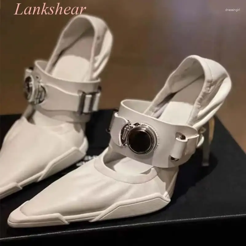 Sapatos de vestido 2024 senhoras balé branco apontado dedo do pé de uma fivela forma-salto muller stiletto punhal de salto alto