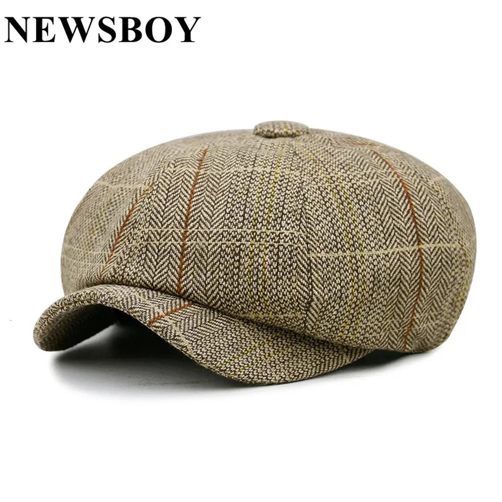 Casquette SBOY pour hommes et femmes, kaki à chevrons, béret de Style britannique, octogonal, Vintage, chapeaux et casquettes réglables à carreaux, 240311