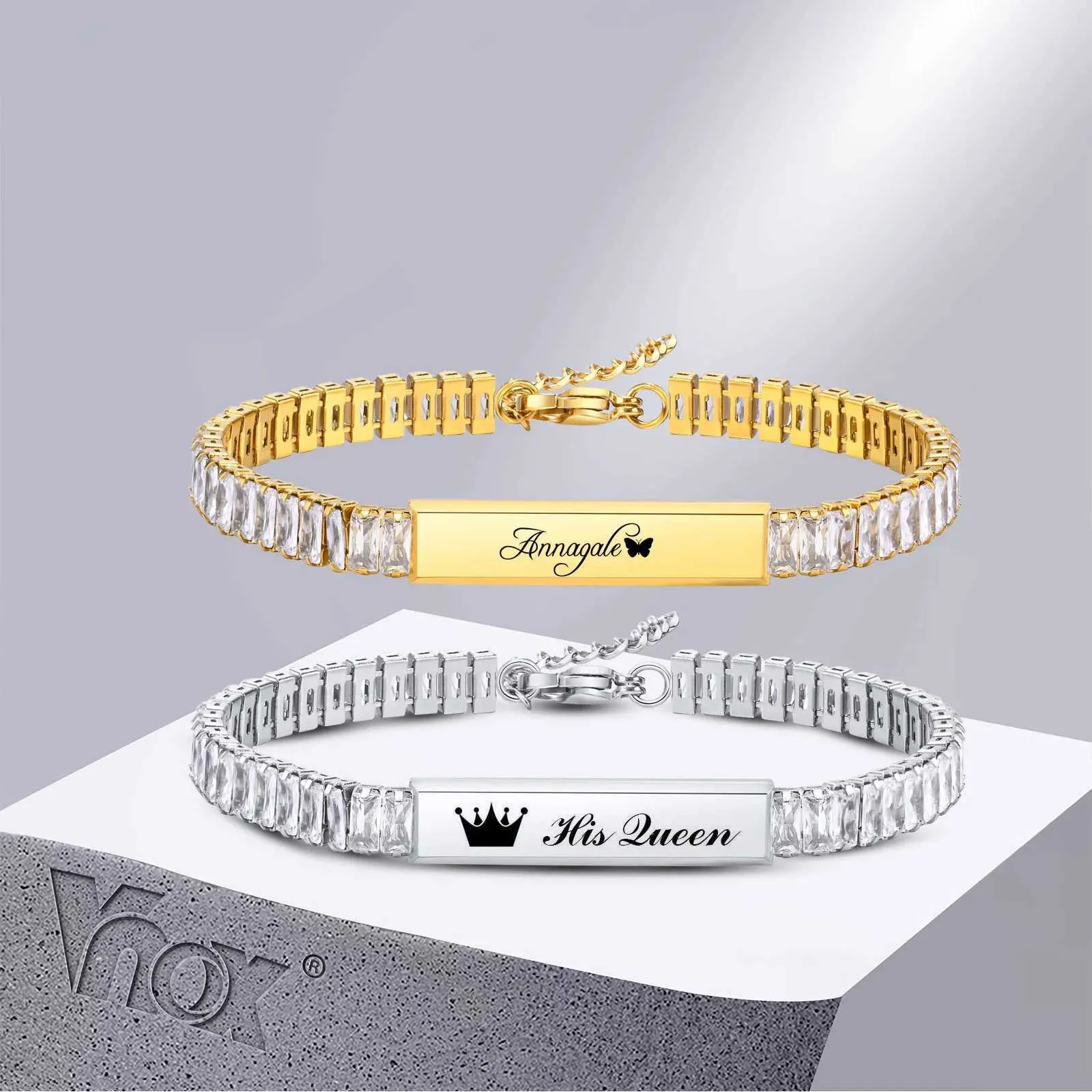 Chain Vnox Gratis gepersonaliseerde ID-armbanden voor dames Aangepaste naam Liefde Valentijnsdag Geschenken Polsbandje met luxe CZ-steen schakelketting Q240401