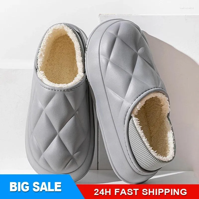 Slippers Waterproof Plush Warm Thick Sole Women Furry Ligth Eva Winter Outdoor Cotton Shoes Couple Home Slides Indoor Summer Hot With Box