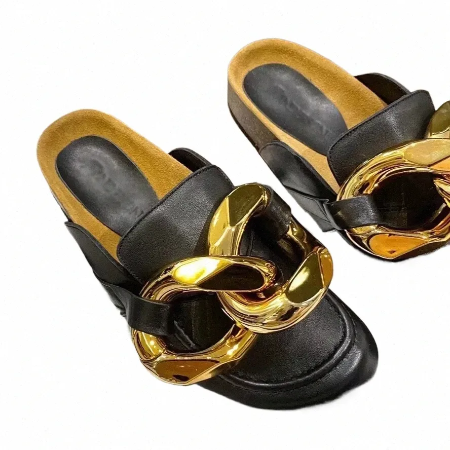 Designer Frauen JW Loafers Mules Hausschuhe LD Marke JA Sandalen Echtes Leder Booties Holz Boden Flache Heels Slides Gold Kette Slipper Luxurys Desi F4O4 #