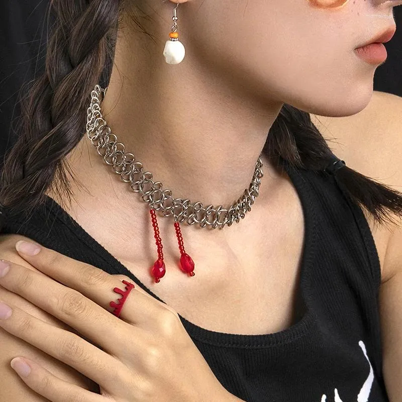 Pendentif Colliers Y2K Bijoux Chaîne En Métal Rouge Sang Goutte Collier Pour Femmes Mode Rétro Géométrique Punk Gothique Halloween Cadeau