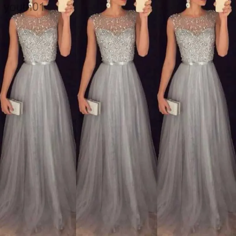 Robes décontractées de base été longue Maxi formelle dentelle robe de soirée femmes élégant col rond paillettes demoiselle d'honneur bal de mariage 2018 yq240402