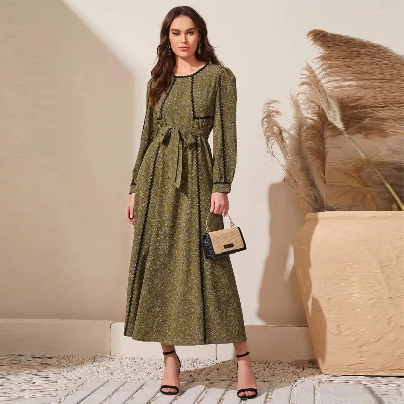 Abbigliamento etnico Donna Abito lungo con stampa floreale musulmana con cintura Eid Mubarak Ramadan Jalabiya Dubai Abaya Turchia Caftano Arabo Abito da festa