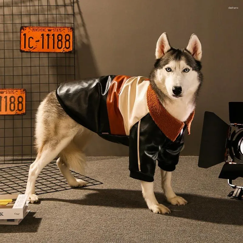 Köpek giyim evcil hayvan giysileri retro yakışıklı pu deri ceket ceket sıcak kalın pamuklu giysiler sonbahar kış için orta büyük