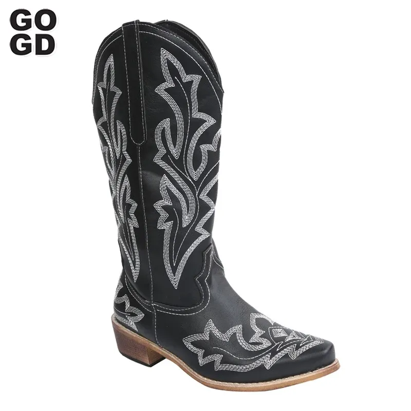 Boots GOGD New MidCalf Western Boots Fashion Women's Embroidered Cowboy Cowgirl Boots Pointed Toe Thick Heels Midcalf Riding Boots