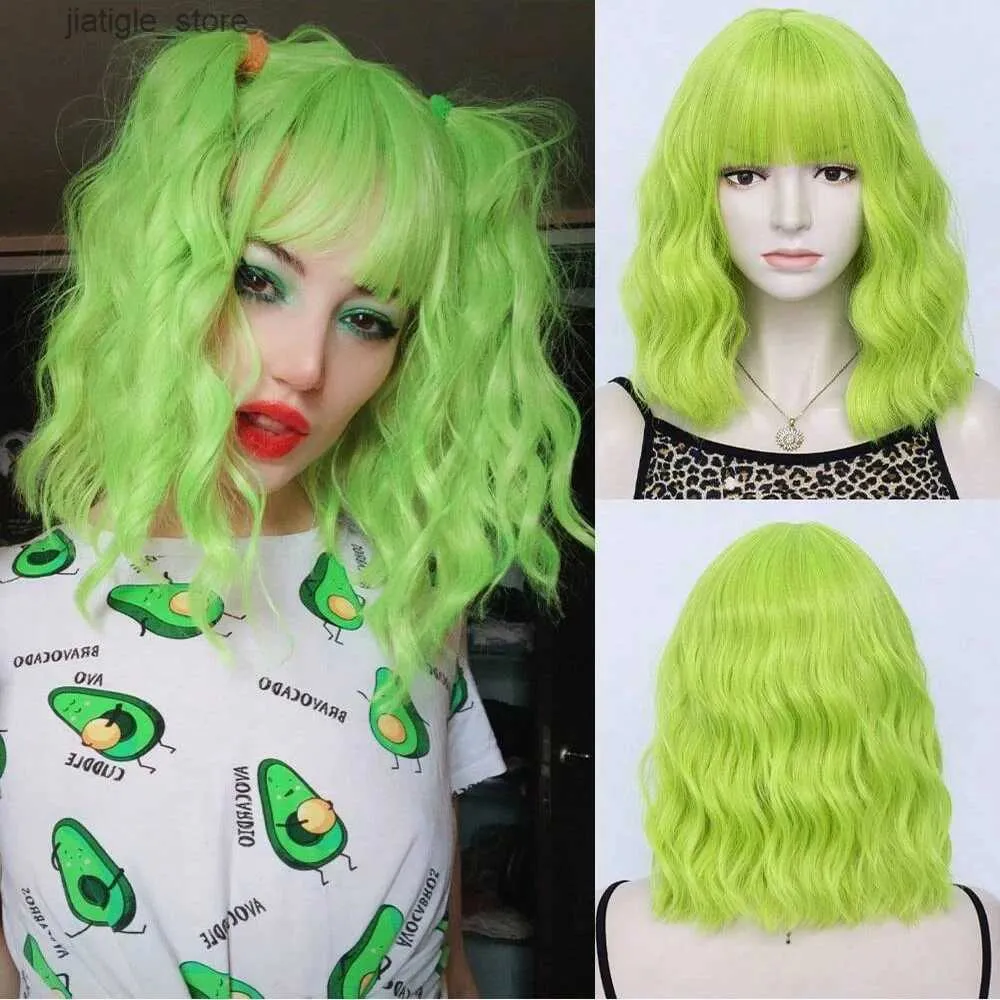 Sentetik peruklar msiwigs kısa bobo wavy cosplay peruk kadınlar için yeşil sentetik lolita peruk