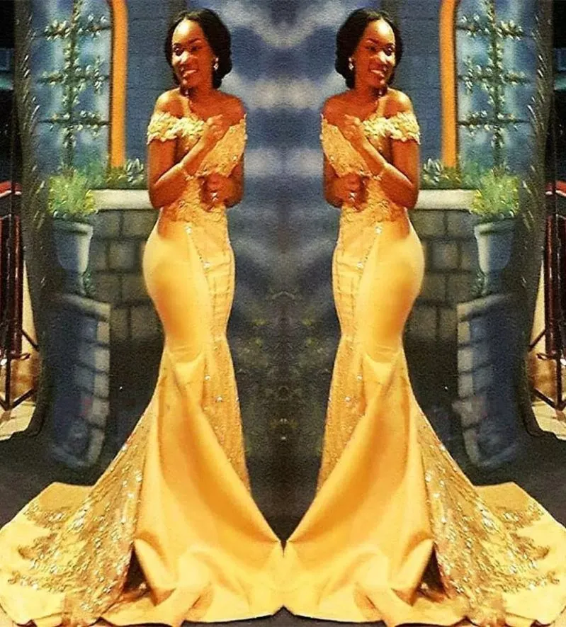 Stunning Mermaid Design Evening Dresses 2019 Off The Shoulder Neck Trumpet Court Train Romantic Yellow Lace and Satin Beaded Forma6131025