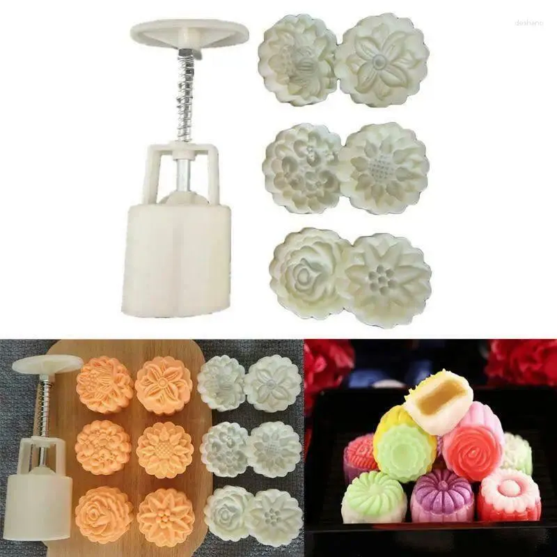 Pişirme Aletleri DIY 50G Mooncake Kalıp W/6 PCS 3D Çiçekler Damgalar El Basın Ay Kek Pastası Kalıp