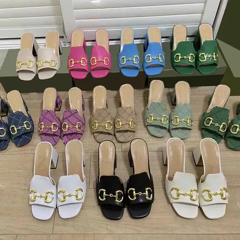 Newest Women High Heel Sandal Slippers Metal Buckle Slipper Luxury Mid-heel shoes Pumps Retro Block Heel Gold-Toned Square Open Toe Ladies Designer Sandals 35-42