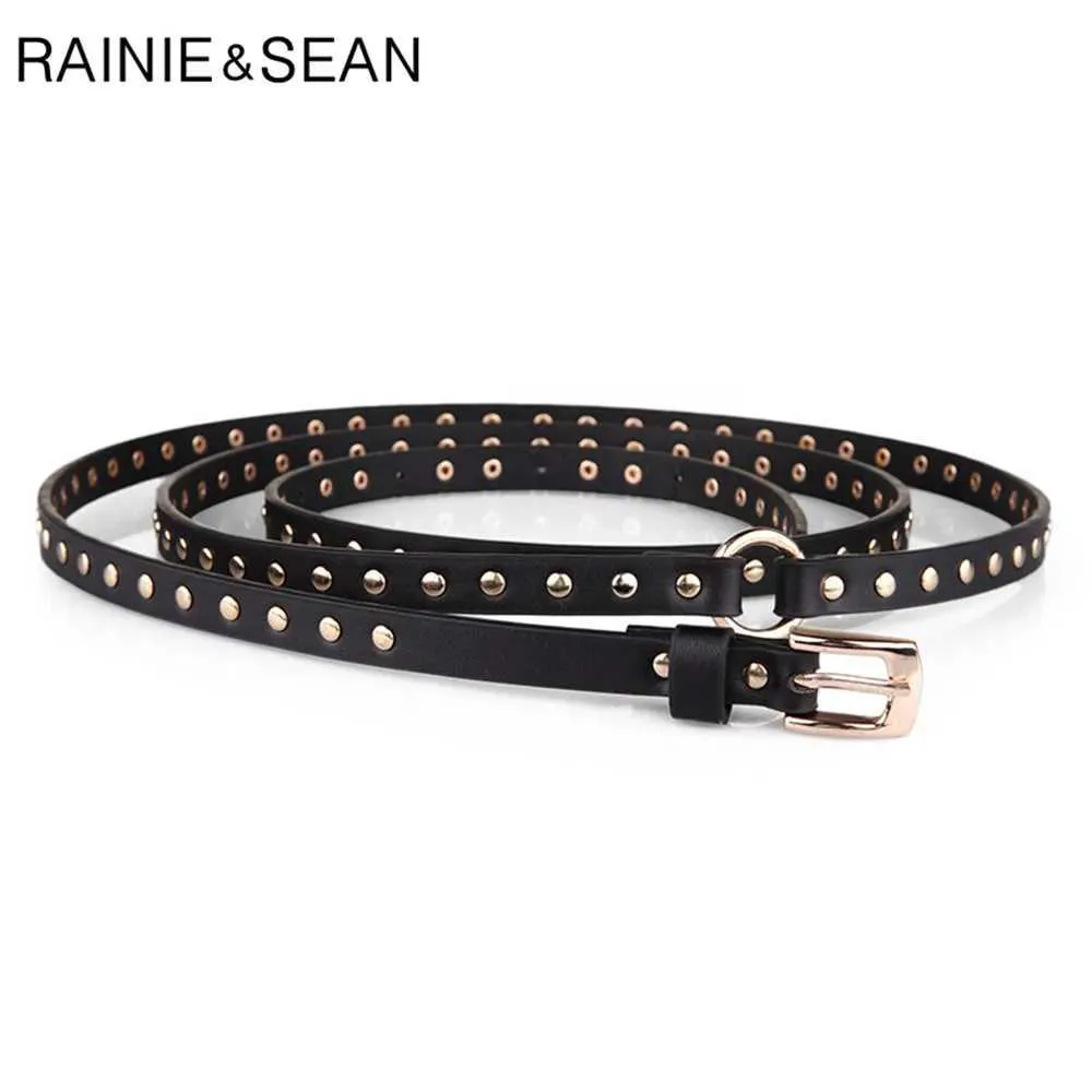 Belts RAINIE SEAN Punk Womens Stone Belt Black Rivet Womens Street Clothing Thin and Extra Long 190cm Womens Pin Buckle Belt Q240401