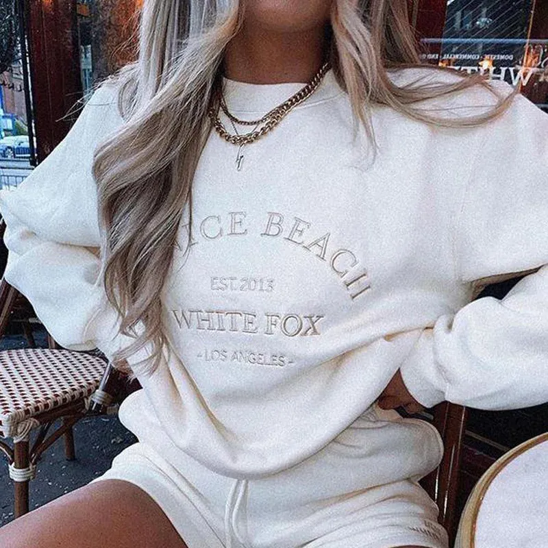 Lettre broderie blanc sweat-shirt à col rond femmes hiver hauts surdimensionnés filles cool streetwear mode coréenne pull décontracté 240325