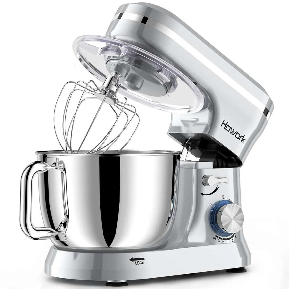 Howork Electric Vertical Mixer, 10+p Speed, with 6.5 Quart Stainless Bowl, Dough Hook, Steel Wire Beater, Suitable for Most Home Cooking, Sier Color