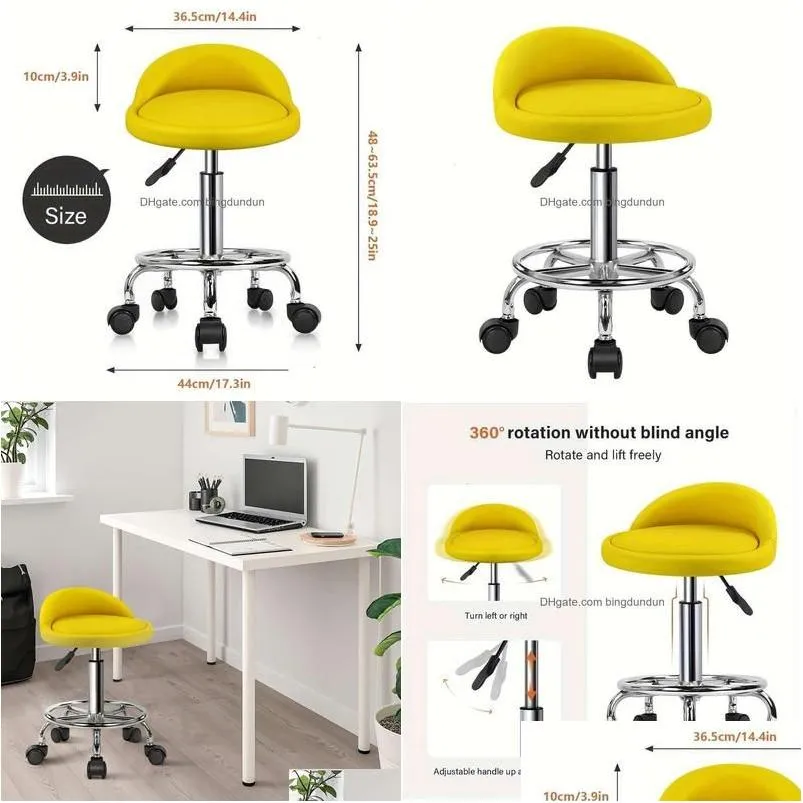 Commercial Furniture Yellow Pu Leather Round Rolling Stool Foot Rest Height Adjustable Swivel Drafting Work Spa Task Chair With Whee Dhmbx