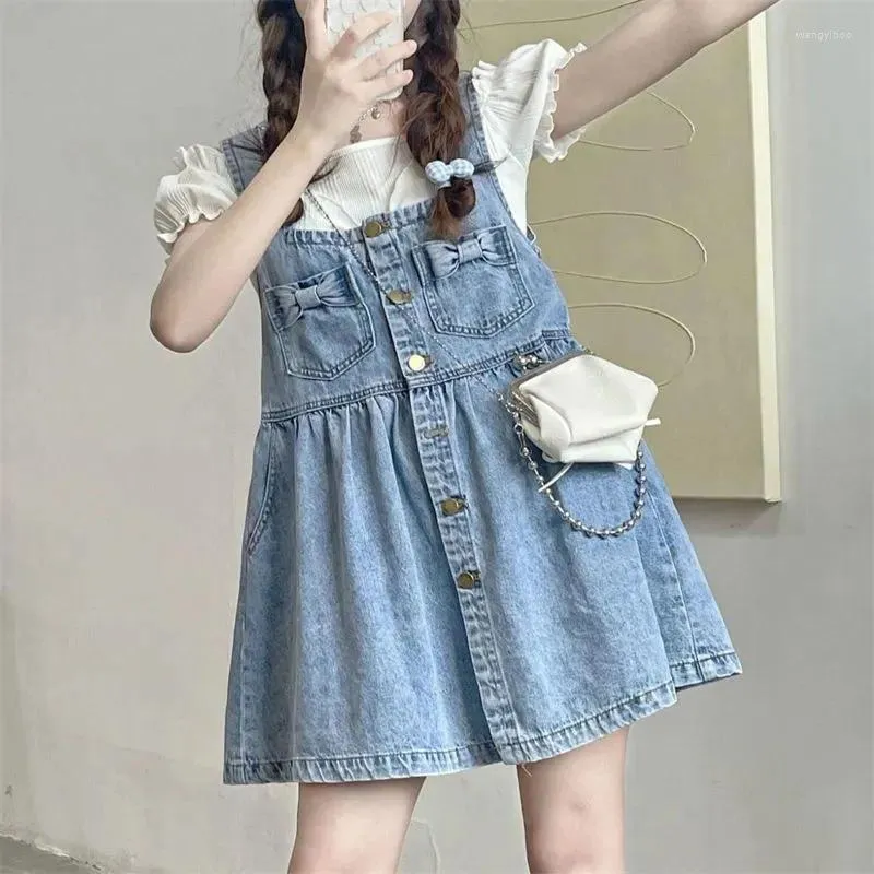 Casual Dresses Kawaii Strap Denim for Women 2024 Summer Single-Breasted Bow Jean Mini Dress Woman Preppy Style High midja Loose