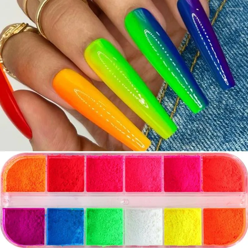 Paznokcie blask 12 Gridów urok fluorescencyjny proszek świecące neonowe pigment blaskowy w ciemnych zanurzanie paznokcie dekoracja manicure akcesoria