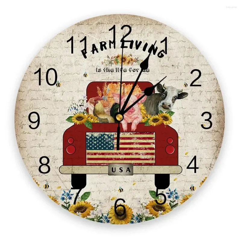 Wall Clocks Farm Pig Chicken And Cow Vintage Truck Sunflower Clock Fashion Living Room Watch Modern Home Decoration Round