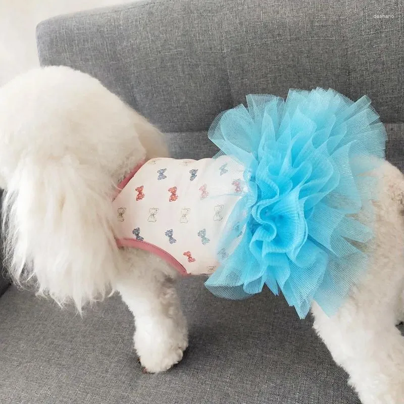 Vêtements pour chiens 2024 Pet Summer Tutu Jupe Bow Imprimé Mesh Mode Jupon Petit Costume Teddy Deux Jambes Vêtements Mince