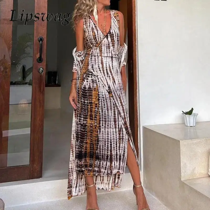 Abiti casual Sexy scollo a V profondo Abito lungo bohémien cavo da donna Modello primaverile Stampa Split Party Estate senza maniche irregolare Maxi