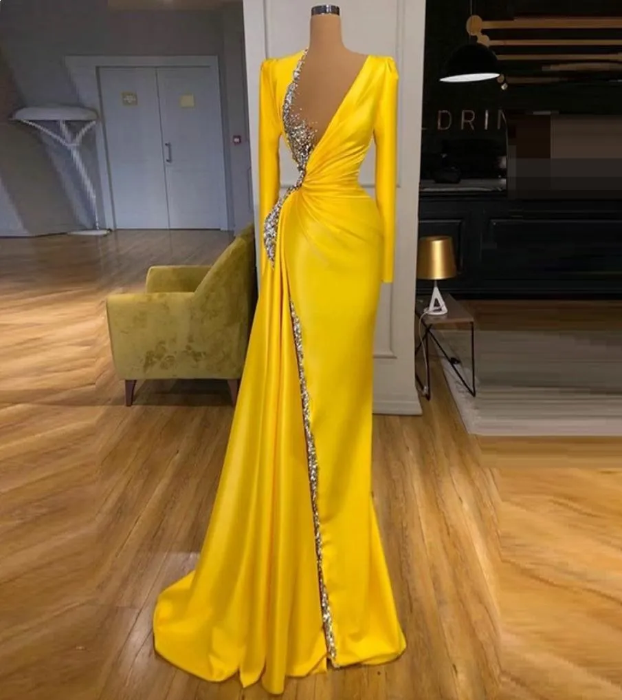 Vestidos de Fiesta Yellow Pärled Evening Prom Dresses Long Sleeve Mermaid Satin Crystals Formal Party Dress Robe de Soiree4273344