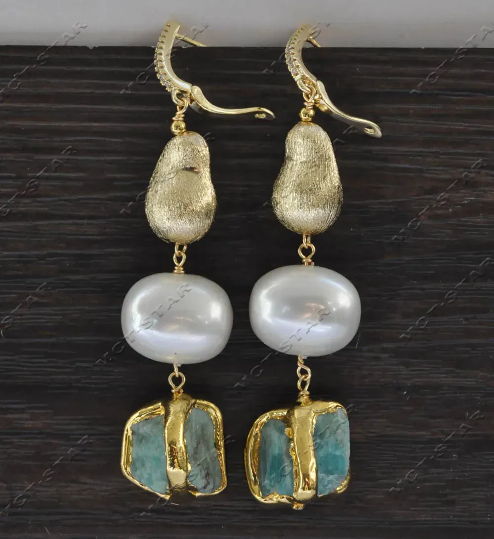 MTC STAR White Egg Shell Pearl Baroque Citrine GoldPlated Peasecod Dangle Earring 240401