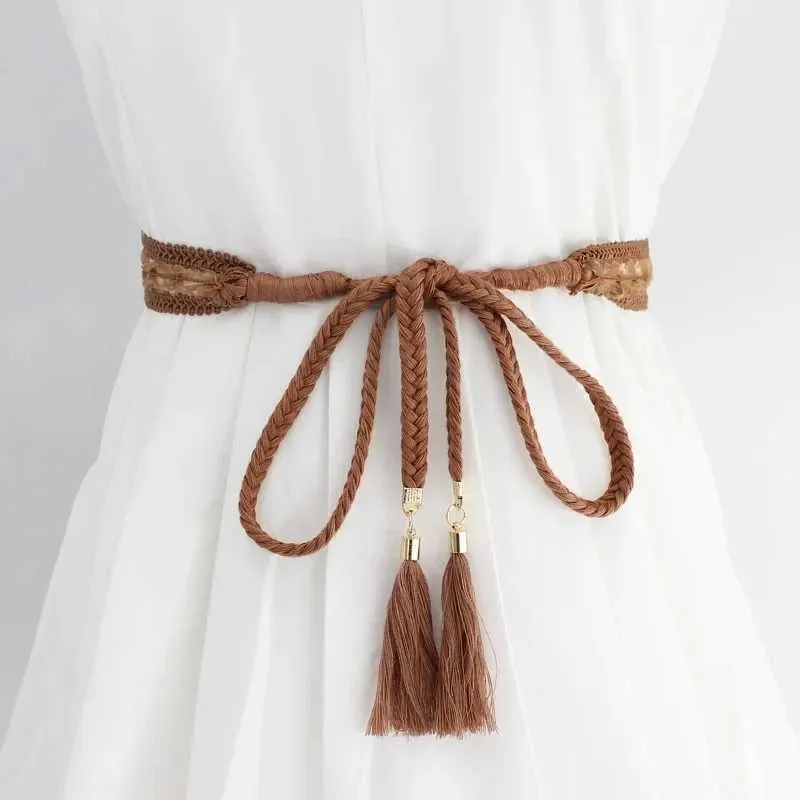 Belts Fashionable womens solid color woven tassel belt 2020 new Bohemian girl thin waist rope knitted belt dress belt accessories Q240401