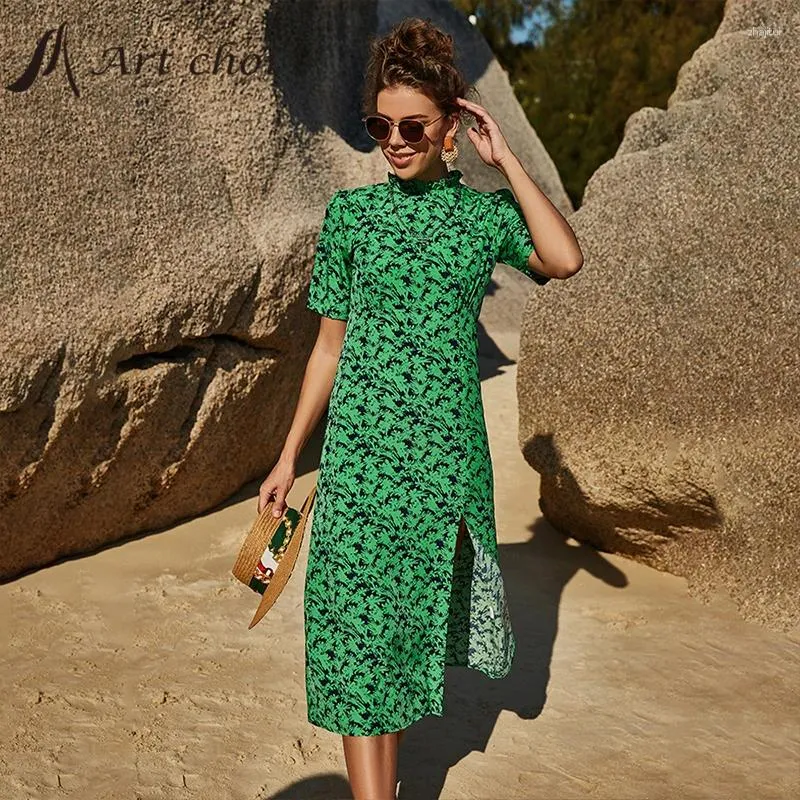 Feestjurken 2024 Vrouwen Jurk Met Split Zomer Casual Strand Bloemenprint Bodycon Trendy Elagant Dames Groen Vakantie Boho Midi vestido