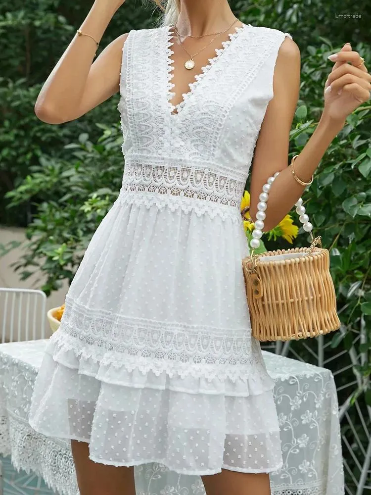 Casual Dresses Vintage White Lace Dress Women Summer Sexy Hollow Out Backless Cotton Elegant Fashion Jacquard Ruffles Mini Vestidos