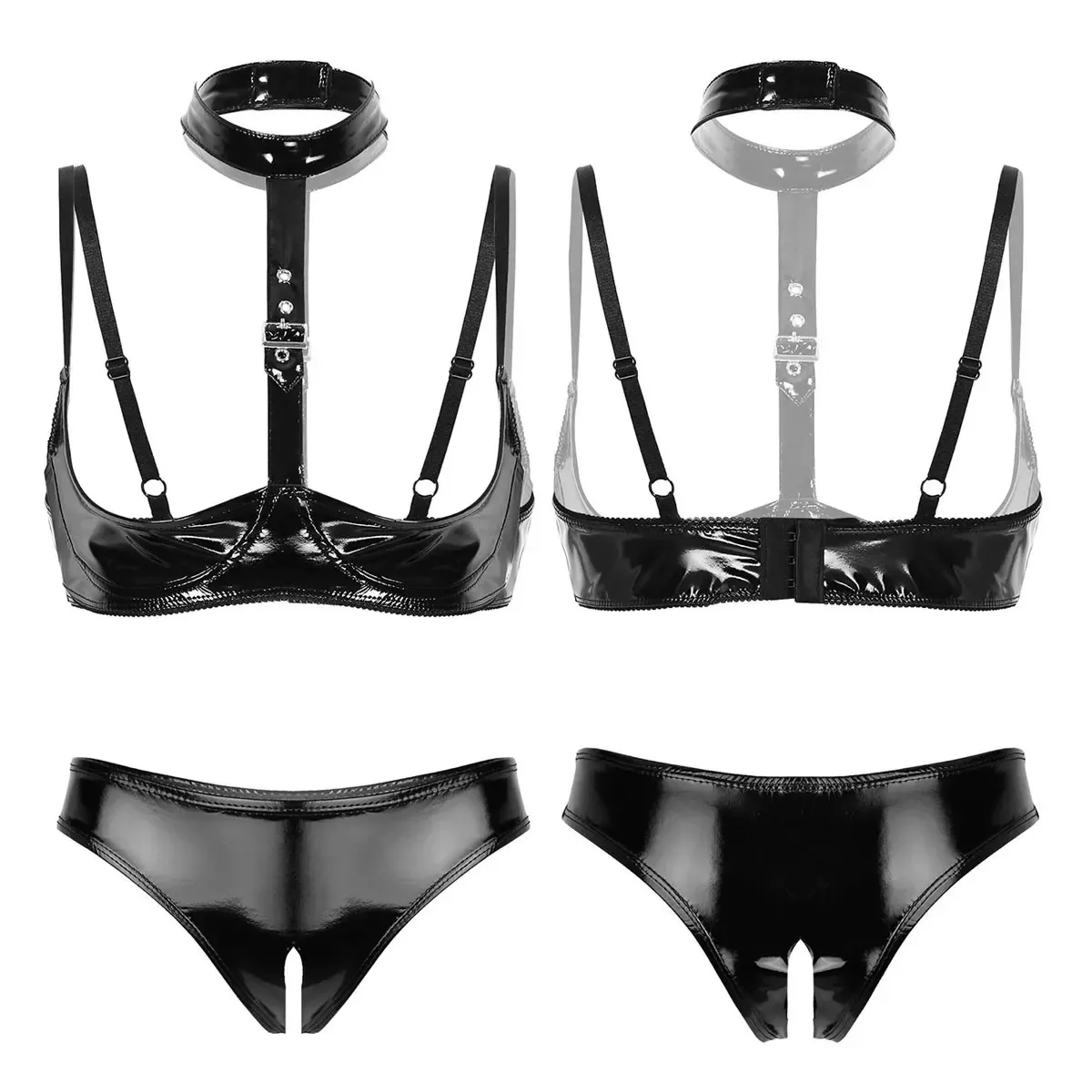 Panty Bra Set Wet Look Lingerie Open Cup, Sexy Patent... From Junlong03,  $7.05