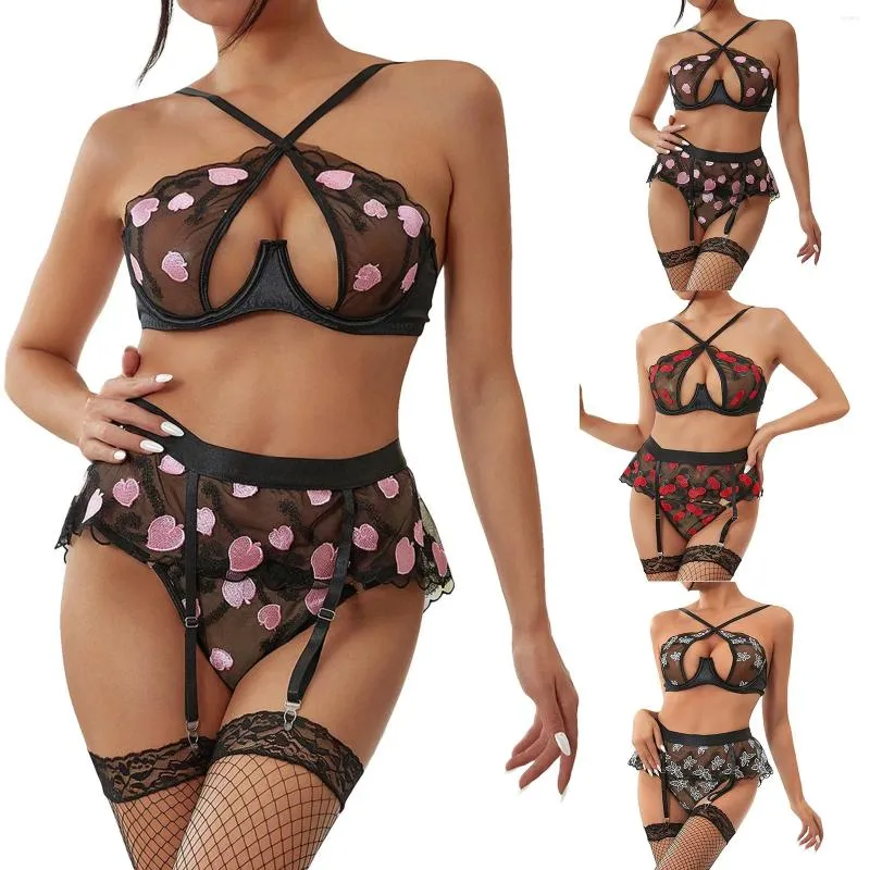 BRAS SET 2024 Women Mesh Brodery Lingerie Set See Throe Three Piece Underwear With Leg Ring Hollow Open BH och Panty strumpor