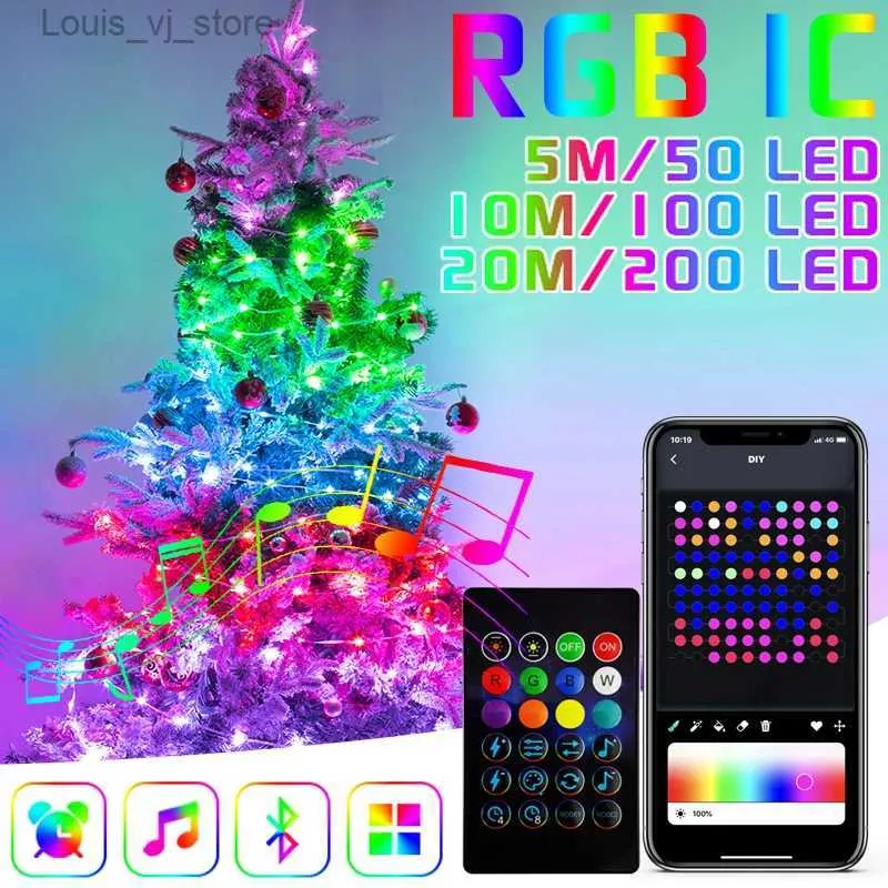 LED -strängar 5/10/20m RGBIC Christmas Fairy Light App Control Musik Bluetooth Magic Leather String Watertofat Tree Lig YQ240401