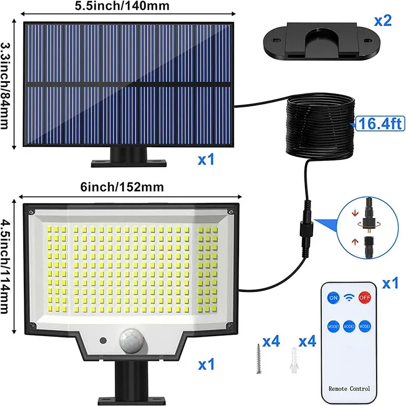 Solar Wall Lights 200led Outdoor Separate Panel Solar Powered Flood Security Lights with Remote IP65 Waterproof Street Lights