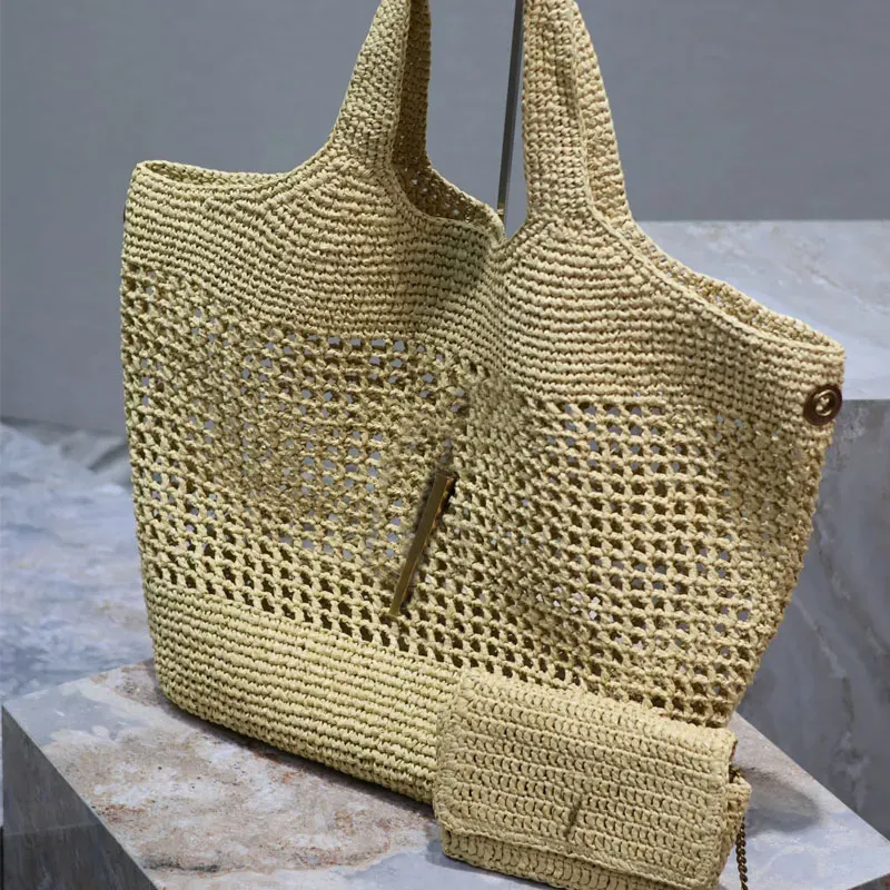 Sac à main en paille de styliste au crochet, portefeuille de grande capacité, sac fourre-tout d'été, sac de plage, week-end, voyage, shopping, sac à bandoulière, sac à main, matériel en métal, lettre