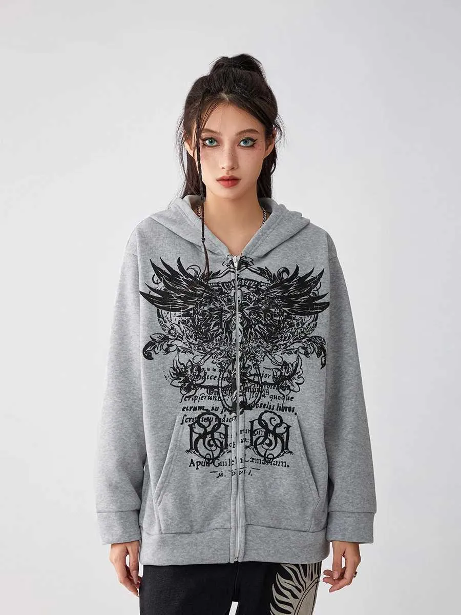 Sweats à capuche pour femmes Sweats à capuche surdimensionnés pour femmes avec fermeture éclair complète Vintage Wings Print Manches longues surdimensionnés Vintage Sweatshirts Vestes avec poches 240401