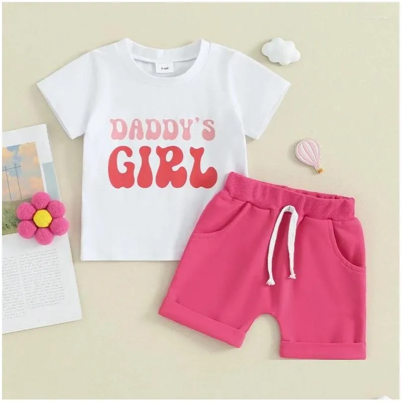 Conjuntos de ropa Niño Bebé Niña Trajes de verano Manga corta Carta Impresión Tops Color Sólido Pantalones cortos Lindo Bebé Nacido Ropa Drop Entregar OTCXM