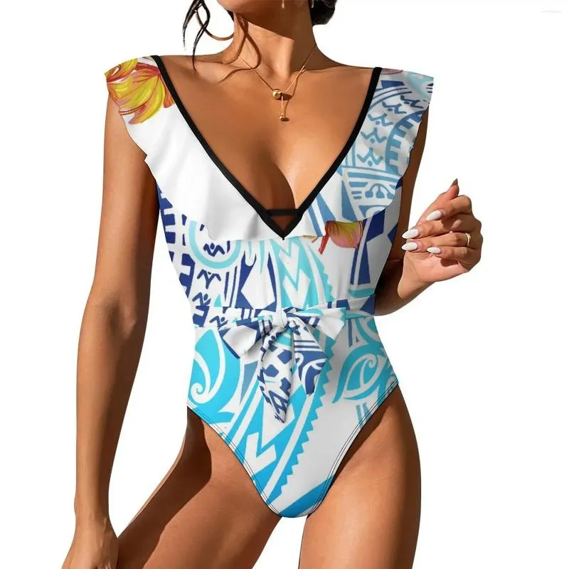 Traje de baño para mujer Traje de baño push-up de playa Traje de baño de una pieza con estampado vintage Bikini polinesio Hawaiian Resort